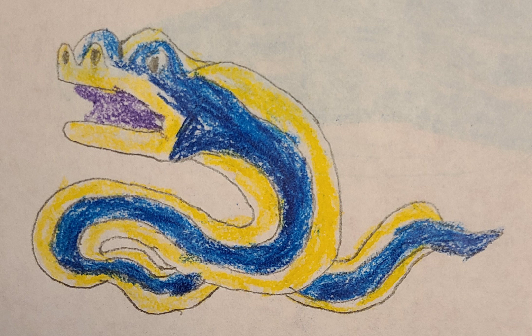 A ribbon eel who is partially coiled. He has a blue body with yellow fins at the top and bottom
				of his long body. He has a yellow nose and mouth as well. The mouth is opened, and the inside of it is of a purple color.